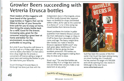 SIBA Journal - GROWLER BEERS SUCCEEDING WITH VETRERIA ETRUSCA BOTTLES